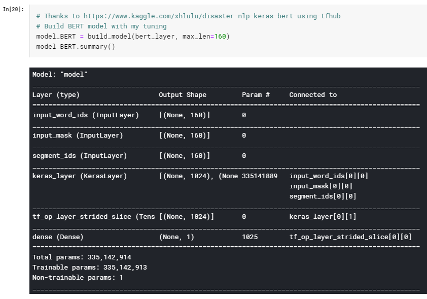 Then building the BERT model:
